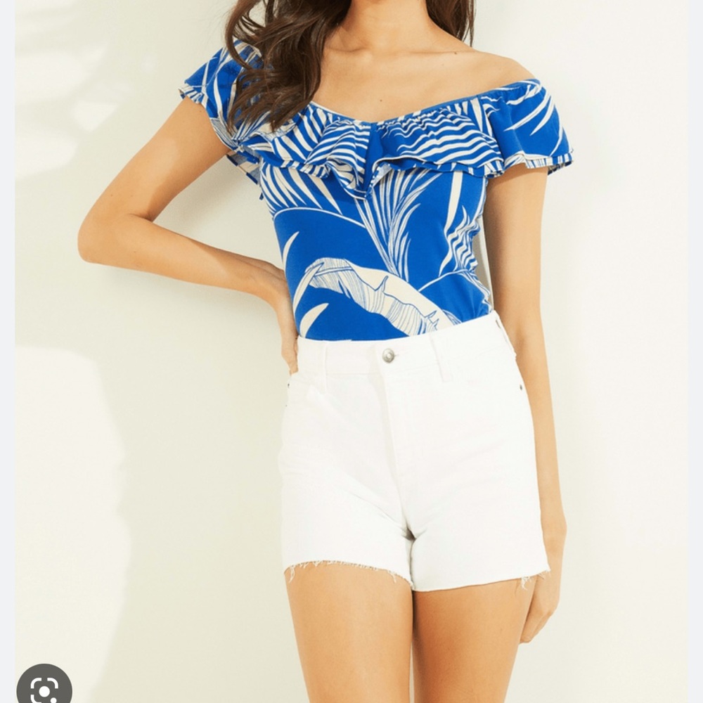 New Guess Eco Veronika Palm Blue White Ruffle off shoulder Top Shirt S